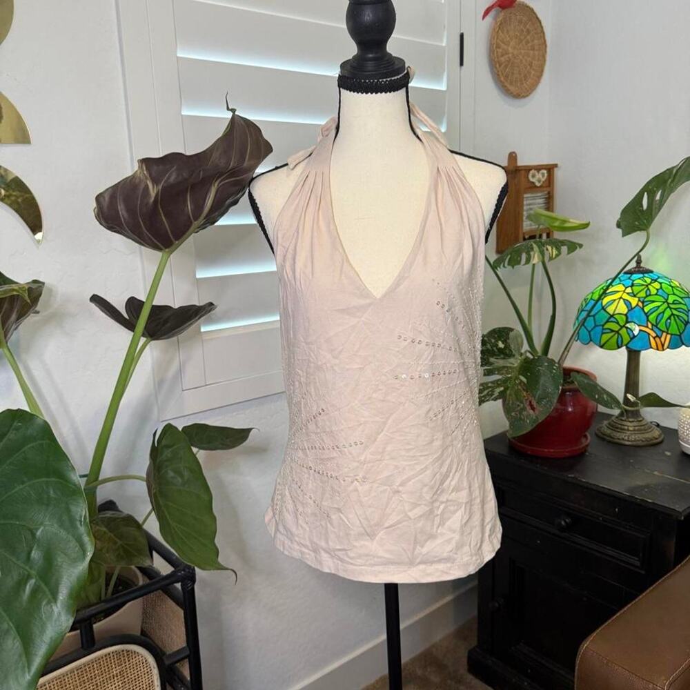 Y2K Fairy Going Out Top Beige Sequin Beaded Halter Top Built-In Bra Size L